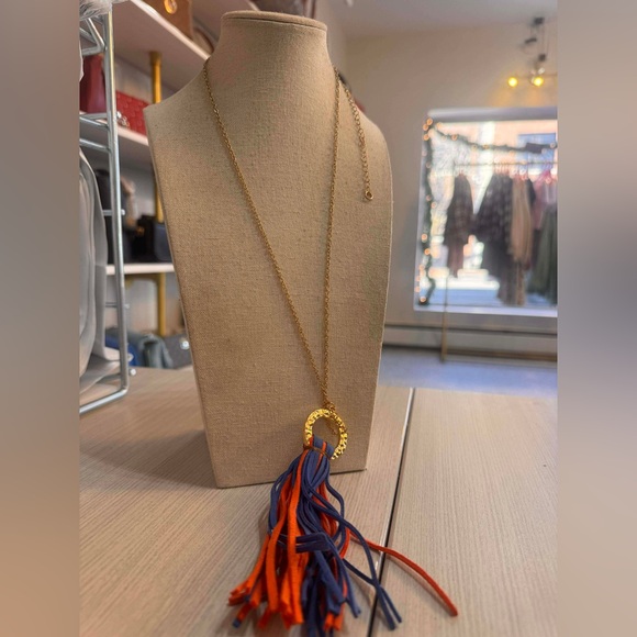 Gold Tone Necklace with Blue and Orange Tassels - Picture 2 of 4